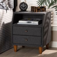 Baxton Studio BBT3157-Dark Grey-NS Claverie Mid-Century Modern Charcoal Fabric Upholstered 2-Drawer Wood Nightstand